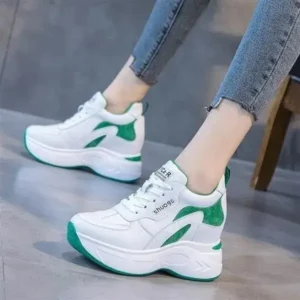 Reyanfootwear Women Fashion Round Toe Platform Medium Heel Lace-Up Colorblock Sneakers