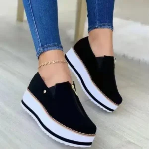 Reyanfootwear Women Fashion Retro Platform Mid Top Solid Color Sneakers