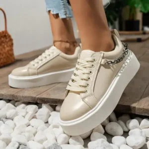 Reyanfootwear Women'S Fashion Round Toe Chain Lace Up Low Top Solid PU Thick-Soled Sneakers