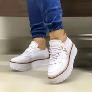 Reyanfootwear Women Fashion Round Toe Solid Color Pu Hidden Wedge Lace-Up Low Top Sneakers Shoes