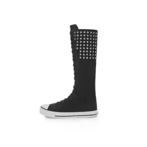 Reyanfootwear Women Fashion Rivet Decor Side Zipper Canvas High Boots