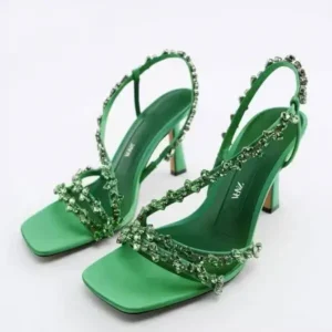 Reyanfootwear Women Fashion Plus Size Sexy Rhinestone Strap Square Toe Heeled Sandals