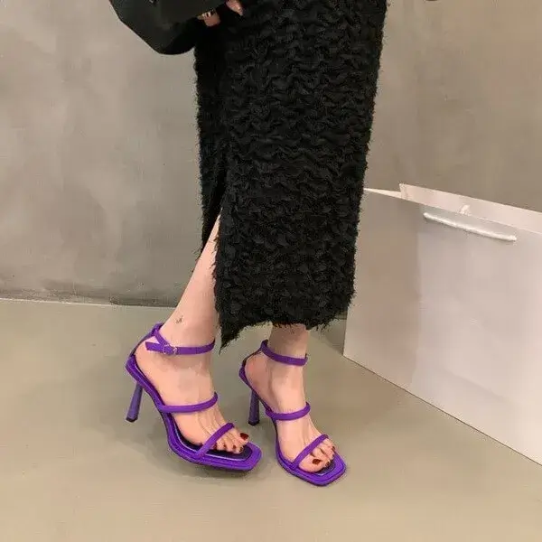 Reyanfootwear Women Fashion Sexy Simple Strap Square Toe Heeled Sandals