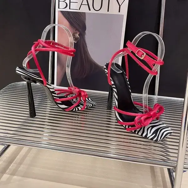 Reyanfootwear Women Fashion Casual Lace-Up Bow Color Blocking Stiletto Heel Sandals