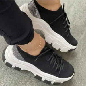 Reyanfootwear Wedge Heel Flying Woven Colorblock Lace-Up Sneakers Large Size Casual Low Top Women Shoes