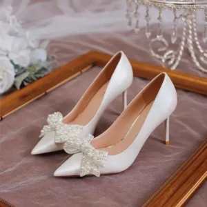 Reyanfootwear Women Fashion Sexy Pointed Satin Pearl Pointed Toe Shoes