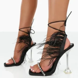 Reyanfootwear Women Fashion Sexy Rhinestone Feather Decorative Solid Color High Heel Sandals Shoes