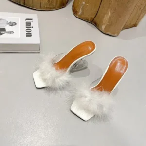 Reyanfootwear Women Fashion Sexy Feather Decoration Solid Color Chunky High Heel Slippers Shoes