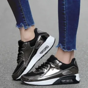 Reyanfootwear Women Casual Sports Lace Up Design Shiny Air Cushion Platform Sneakers