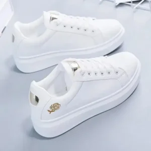 Reyanfootwear Women Casual Fashion Rose Embroidery Thick-Soled Comfortable PU Leather White Sneakers