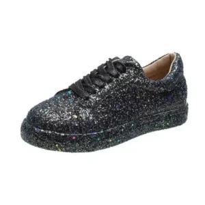 Reyanfootwear Women Creative Casual Sequined Solid Color Lace-Up Low-Top Flat Sneakers