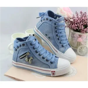 Reyanfootwear Women Casual Spring Zipper Decor Lace-Up High Top Denim Canvas Sneakers