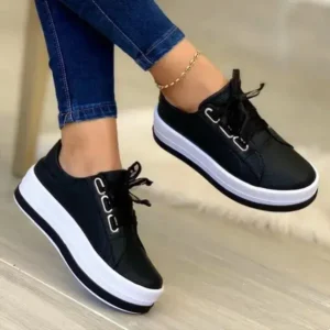 Reyanfootwear Women Casual Round Toe Lace-Up Block Color Platform Shoes PU Sneakers