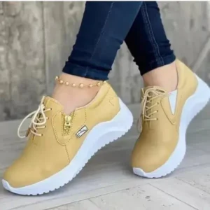 Reyanfootwear Women Casual Round Toe Low Cut Lace-Up PU Side Zipper Design Solid Color Sneakers