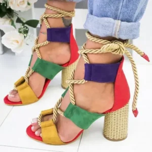 Reyanfootwear Women Fashion Sexy Cross Hollow Lace Up Design Color Blocking High Heel Sandals Shoes