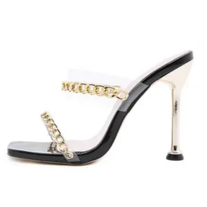 Reyanfootwear Women Sexy Plus Size Metal Chain Square-Toe High Heel Sandals