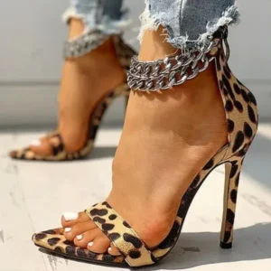 Reyanfootwear Women Sexy Metal Chain Buckle Ankle Strap Animal Printed High Heels