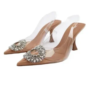 Reyanfootwear Summer Women Fashion Plus Size Pointed Toe Rhinestone Transparent Heeled Sandals