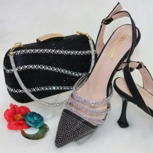 Reyanfootwear Women Classic Black Pointed Shoes Transparent Pvc Rhinestone Chain Square Hand Bag Set