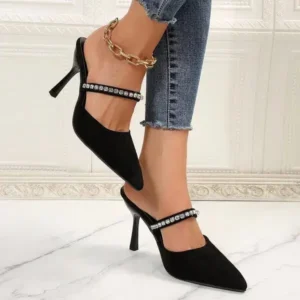 Reyanfootwear Summer Women Fashion Plus Size Elegant Pointed Toe Strap Rhinestone Stiletto Heel Slippers