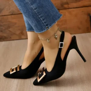 Reyanfootwear Summer Women Fashion Casual Plus Size Solid Color Pointed Toe Metal Buckle Sling Back High Heel Sandals