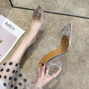 Reyanfootwear Women Fashion Sexy Rhinestone Decorative Pointed Toe Transparent High Heel Sandals