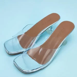 Reyanfootwear Women Fashion Casual Square Toe Transparent Design Mid Heel Slippers