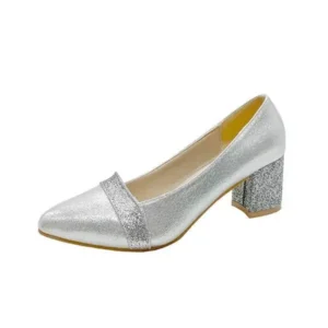 Reyanfootwear Women Fashion Casual Sequins Pointed Toe Pumps With Chunky Heels