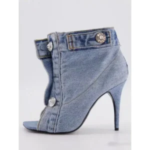 Reyanfootwear Women Fashion High Heel Denim Button High Top Boots