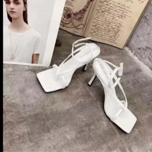 Reyanfootwear Women Fashion Sexy PU Solid Color Square Toe Stiletto Heel Ankle Strap Buckle Thong Sandals