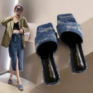 Reyanfootwear Women Fashion Casual PU Denim Square Toe Chunky Heel Slippers