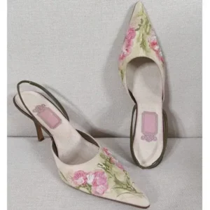 Reyanfootwear Women Fashion Elegant Floral Printed Pointed Toe Stiletto Heel Sandals