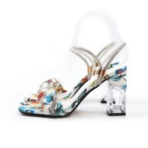 Reyanfootwear Women Fashion Sexy PU Rhinestone Floral Printed Square Toe Chunky Heel ?Sandals