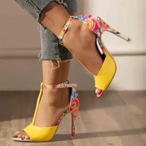 Reyanfootwear Women Fashion Sexy Floral Printed Peep Toe Stiletto Heel Ankle Strap Buckle Sandals