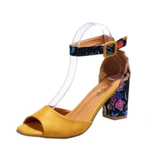 Reyanfootwear Women Fashion Sexy PU Floral Printed Peep Toe Chunky Heel Ankle Strap Buckle Sandals