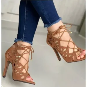 Reyanfootwear Women Fashion Sexy Solid Color Hollow Peep Toe Stiletto Heel Bandage Sandals