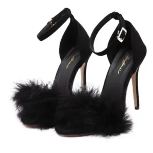 Reyanfootwear Women Fashion Sexy PU Solid Color Feather Peep Toe Stiletto Heel Ankle Strap Buckle Sandals