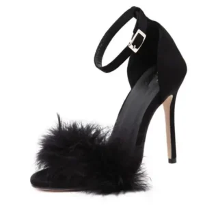 Reyanfootwear Women Fashion Sexy Solid Color Feather Peep Toe Stiletto Heel Ankle Strap Buckle Sandals