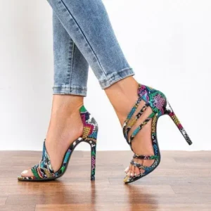 Reyanfootwear Women Fashion Sexy PU Snake Patterned Pointed Toe Stiletto Heel Sandals