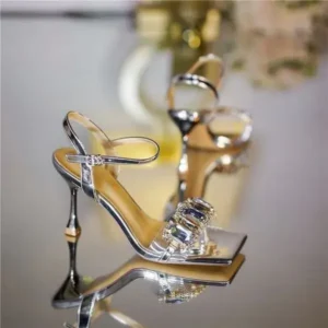 Reyanfootwear Women Fashion Sexy PU Rhinestone Square Toe Ankle Strap Buckle Stiletto Heel Sandals