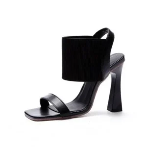 Reyanfootwear Women Fashion Elegant Solid ColorPU Square Toe Chunky Heel Elastic Sandals