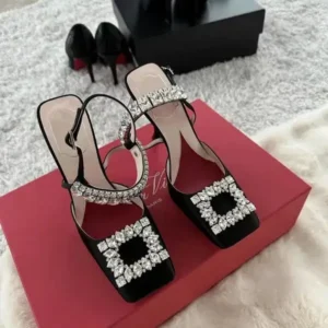 Reyanfootwear Women Fashion Elegant PU Square Toe Rhinestone Stiletto Heel Ankle Strap Buckle Sandals