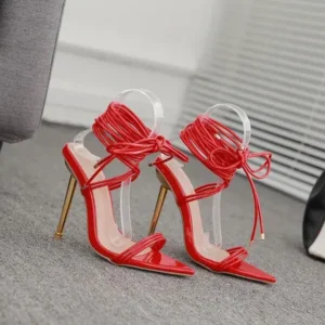 Reyanfootwear Women Fashion Sexy Solid Color PU Bandage Stiletto Heel Sandals