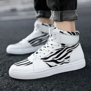 Reyanfootwear Men'S Fashion Zebra Print Breathable Canvas High Top Sneakers