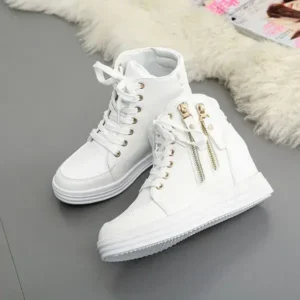 Reyanfootwear Women Fashion Solid Color Side Zipper Lace-Up Round Head Thick-Soled Sneakers