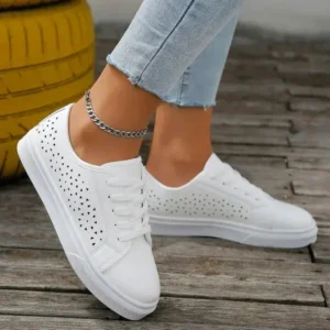 Reyanfootwear Women Fashion Solid Color Plus Size Hollow Lace-Up Round-Toe Sneakers