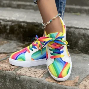 Reyanfootwear Women Fashion Casual Plus Size Graffiti Lace-Up Sneakers