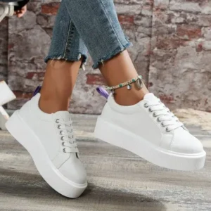 Reyanfootwear Women Fashion Solid Color Round-Toe Lace-Up Thick-Soled Sneakers