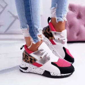 Reyanfootwear Women Casual Leopard Printed Patchwork Lace Up Sneakers