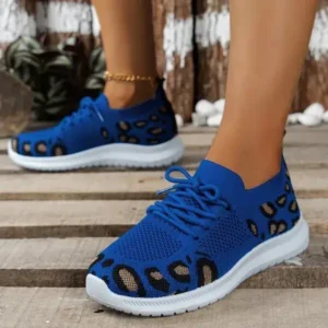 Reyanfootwear Women Fashion Casual Leopard Print Round Toe Fly-Woven Stretch Sneakers